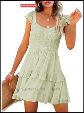 Women Summer Mini Dress Smocked Ruffle Layered Babydoll Sundress